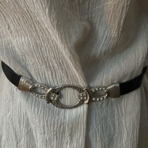 Chicos Adjustable black leather belt and silver buckle with rhinestones